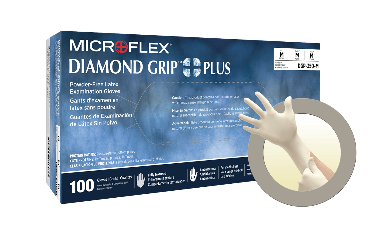 Diamond Grip Plus™ Latex Exam Gloves, 100/Pkg