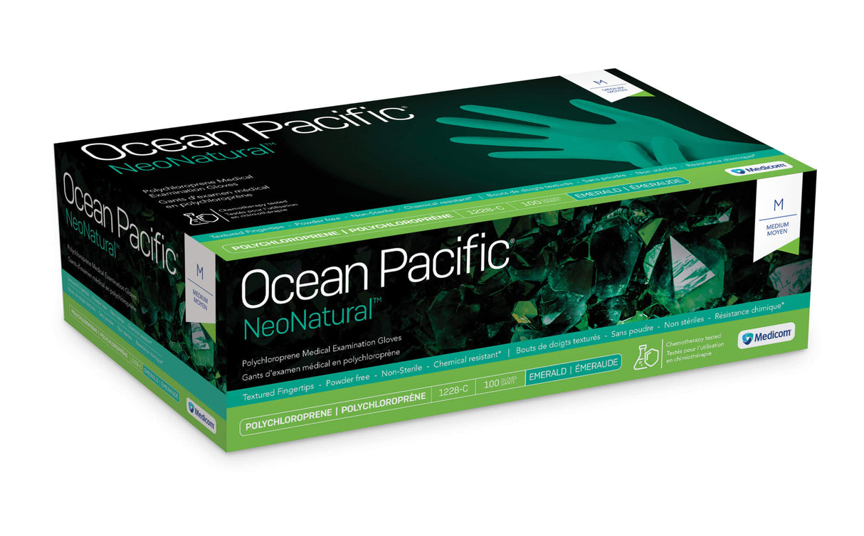 Ocean Pacific® NeoNatural™ Polychloroprene Medical Exam Gloves – Powder Free, Latex Free, Emerald Green, 100/Pkg