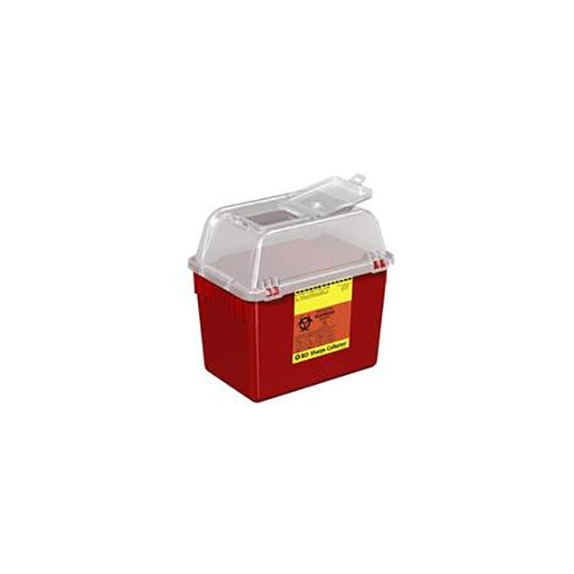 Sharps Collector, Multi-Use, Nestable, Hinge Cap, 8qt, Clear Top, Red Base